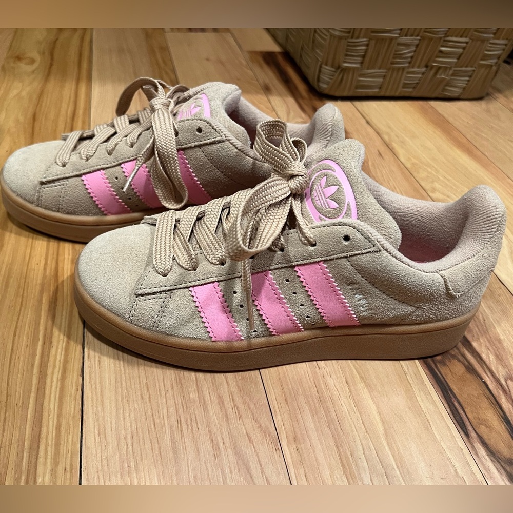 Adidas Campus Tan Suede Sneakers with Pink Stripes